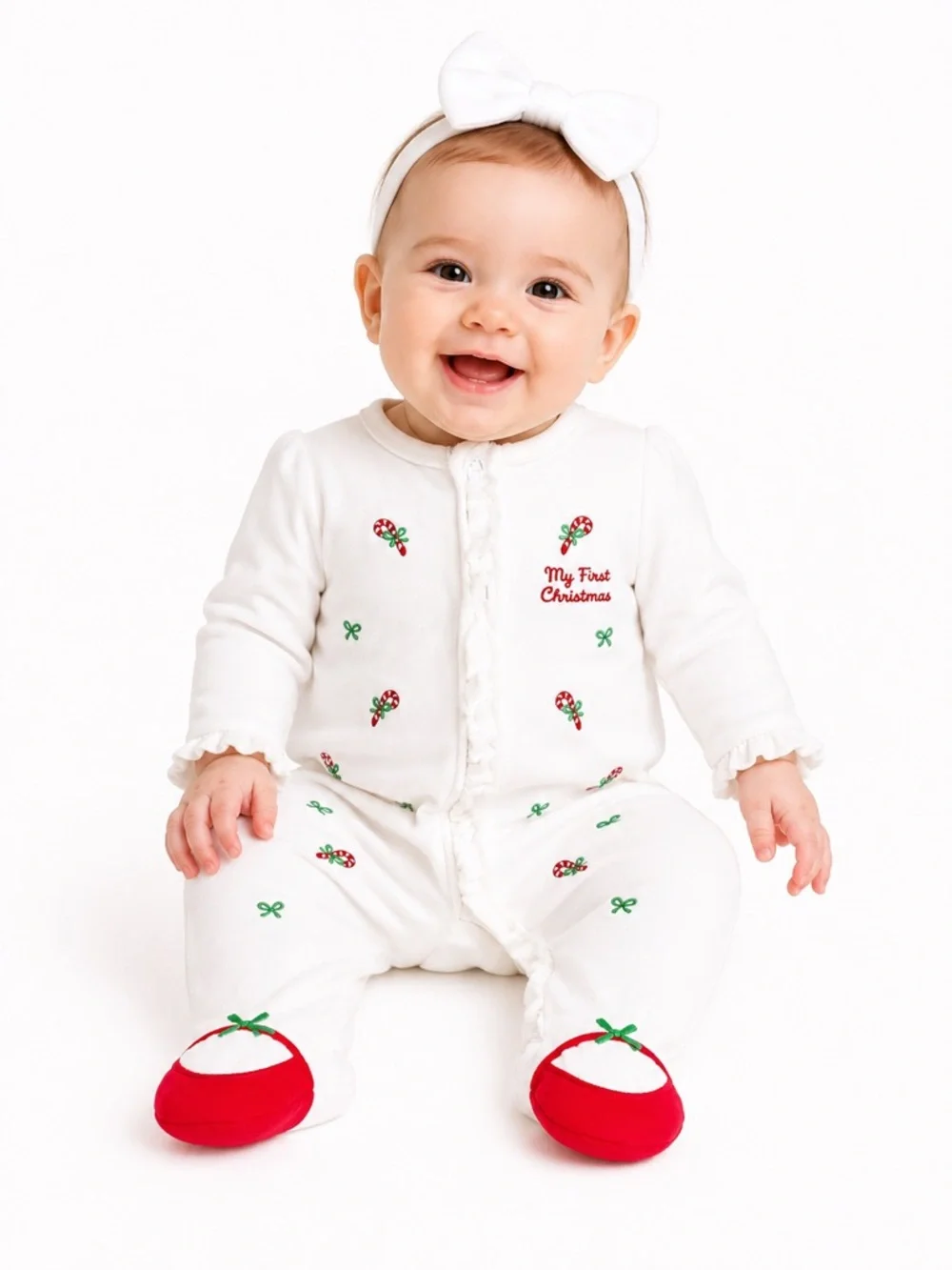 New - Little Me White & Red Holiday Velour Footed One-Piece